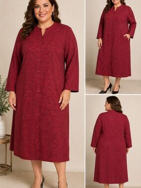 Dialogue QVC Style 1X Red Silk Blend Button Front Midi Dress Long Sleeve Career